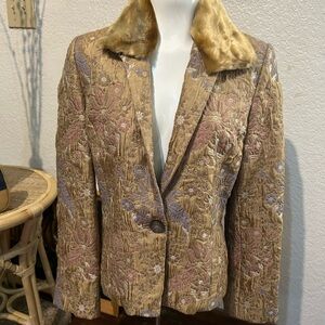 Austin Reed Gold Quilted Floral Blazer with Faux Fur Collar